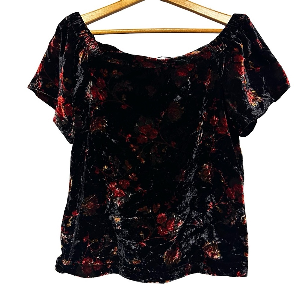 LOFT Black Red Floral Velvet Off Shoulders Short Sleeve Blouse Top Size XS